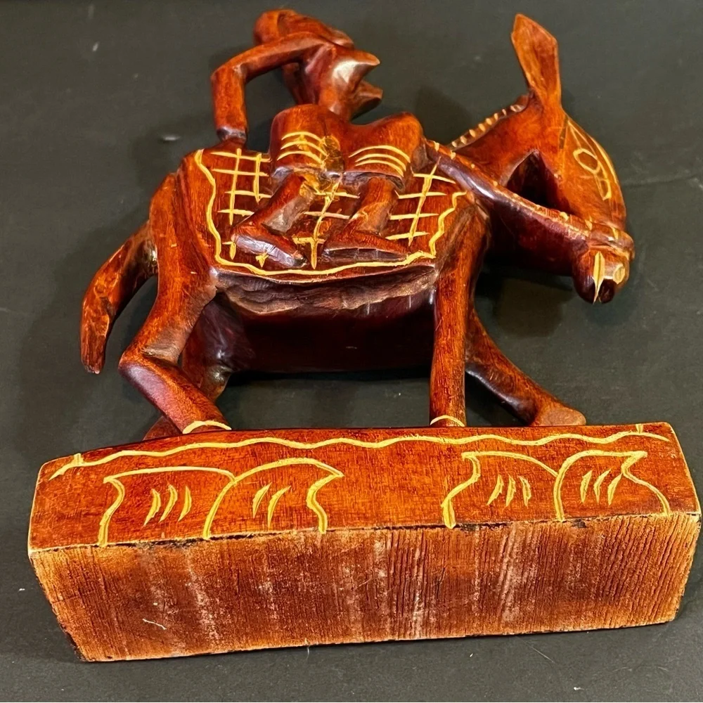 Hand Carved African Wood Woman Riding Donkey Figurine Folk Art Rustic Primitive